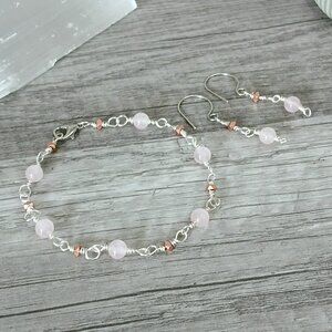 Rose Quartz Gemstone Beaded Bracelet & Earring Set
